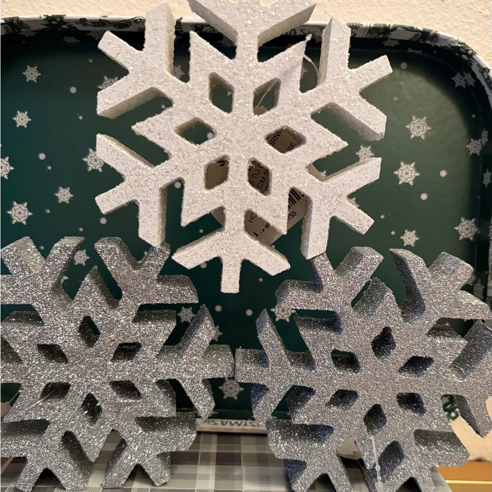 Set of 3 Glitter Snowflakes Holiday Decor Set‎ - Silver and White